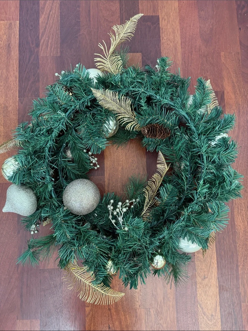 Holiday Pine Wreath with Gold and Green Ornaments